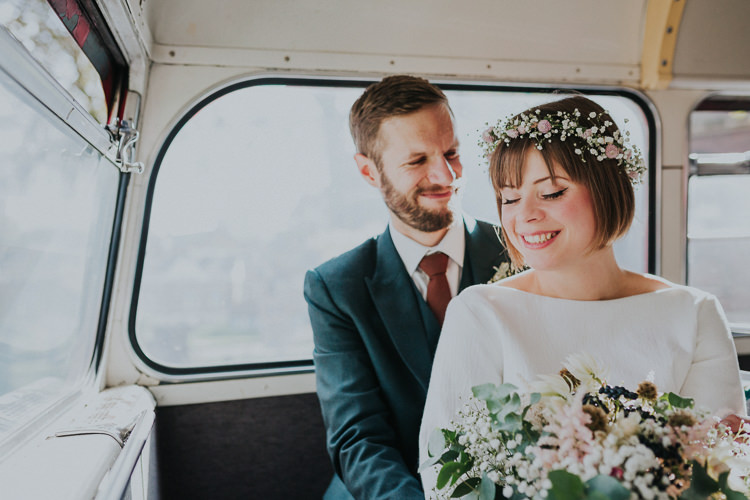 Bride Bridal Gypsophila Flower Crown Bouquet Greenery Two Piece Skirt Top Bottle Green Three Piece Bespoke Groom Chilled Out Individual Simple City Wedding Stoke Newington Town Hall London The Tab Centre http://www.kategrayphotography.com/