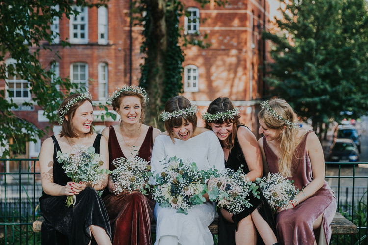 Bride Bridal Gypsophila Flower Crown Bouquet Greenery Multicolour Mismatched Velvet Dress V Neck Bridesmaids Chilled Out Individual Simple City Wedding Stoke Newington Town Hall London The Tab Centre http://www.kategrayphotography.com/