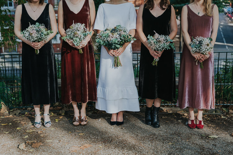 Bride Bridal Gypsophila Flower Crown Bouquet Greenery Two Piece Skirt Top Velvet Mismatched Bridesmaids Burgundy Pink V Neck Velvet Chilled Out Individual Simple City Wedding Stoke Newington Town Hall London The Tab Centre http://www.kategrayphotography.com/