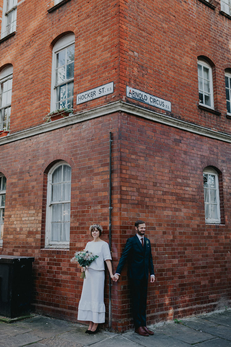 Bride Bridal Gypsophila Flower Crown Bouquet Greenery Two Piece Skirt Top Bespoke Groom Bottle Green Three Piece Waistcoat Orange Tie Chilled Out Individual Simple City Wedding Stoke Newington Town Hall London The Tab Centre http://www.kategrayphotography.com/