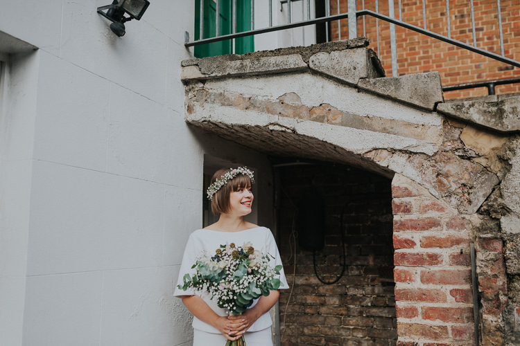 Bride Bridal Two Piece Skirt Top Gypsophila Flower Crown Bouquet Greenery Chilled Out Individual Simple City Wedding Stoke Newington Town Hall London The Tab Centre http://www.kategrayphotography.com/