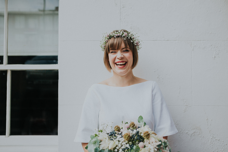 Bride Bridal Gypsophila Flower Crown Bouquet Greenery Chilled Out Individual Simple City Wedding Stoke Newington Town Hall London The Tab Centre http://www.kategrayphotography.com/