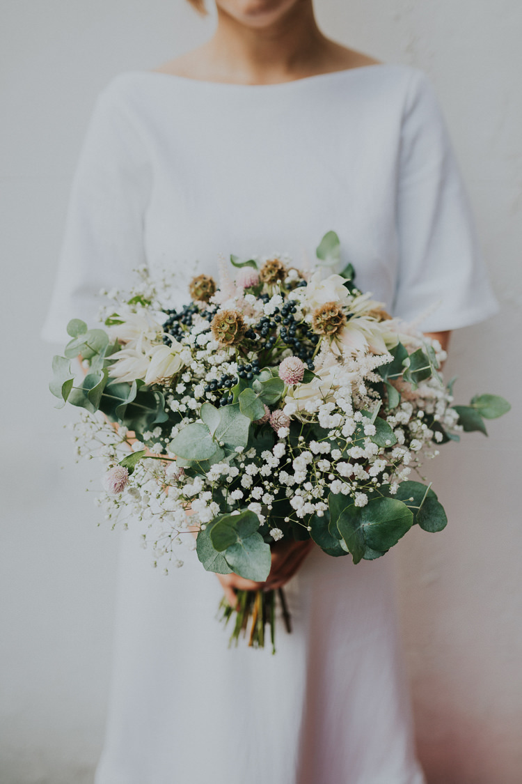 Bride Bridal Bouquet Gypsophila Greenery Eucalyptus Natural Chilled Out Individual Simple City Wedding Stoke Newington Town Hall London The Tab Centre http://www.kategrayphotography.com/
