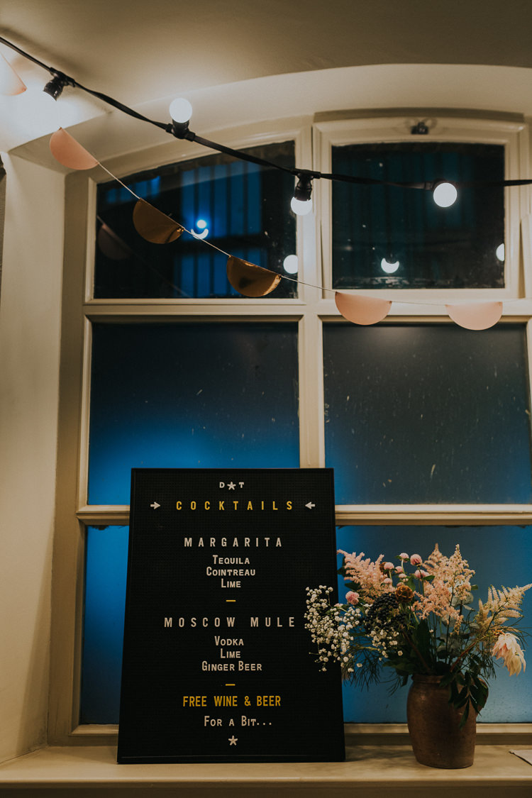 Cinema Sign Letter Board Bunting Cocktail Drinks Menu Festoon Lighting Chilled Out Individual Simple City Wedding Stoke Newington Town Hall London The Tab Centre http://www.kategrayphotography.com/