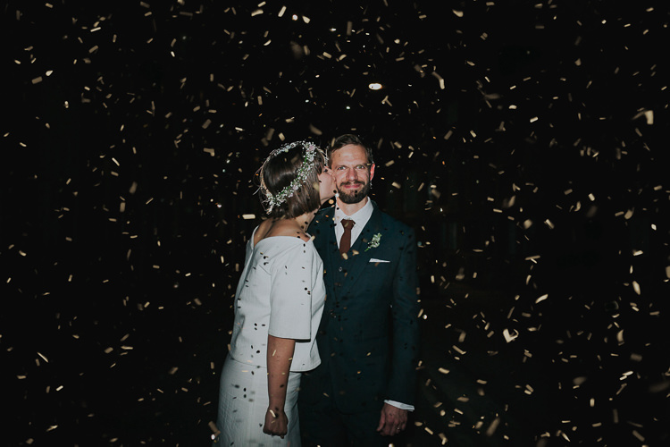 Bride Bridal Gypsophila Flower Crown Bouquet Greenery Two Piece Skirt Top Bespoke Suit Three Piece Groom Bottle Green Waistcoat Orange Tie Chilled Out Individual Simple City Wedding Stoke Newington Town Hall London The Tab Centre http://www.kategrayphotography.com/