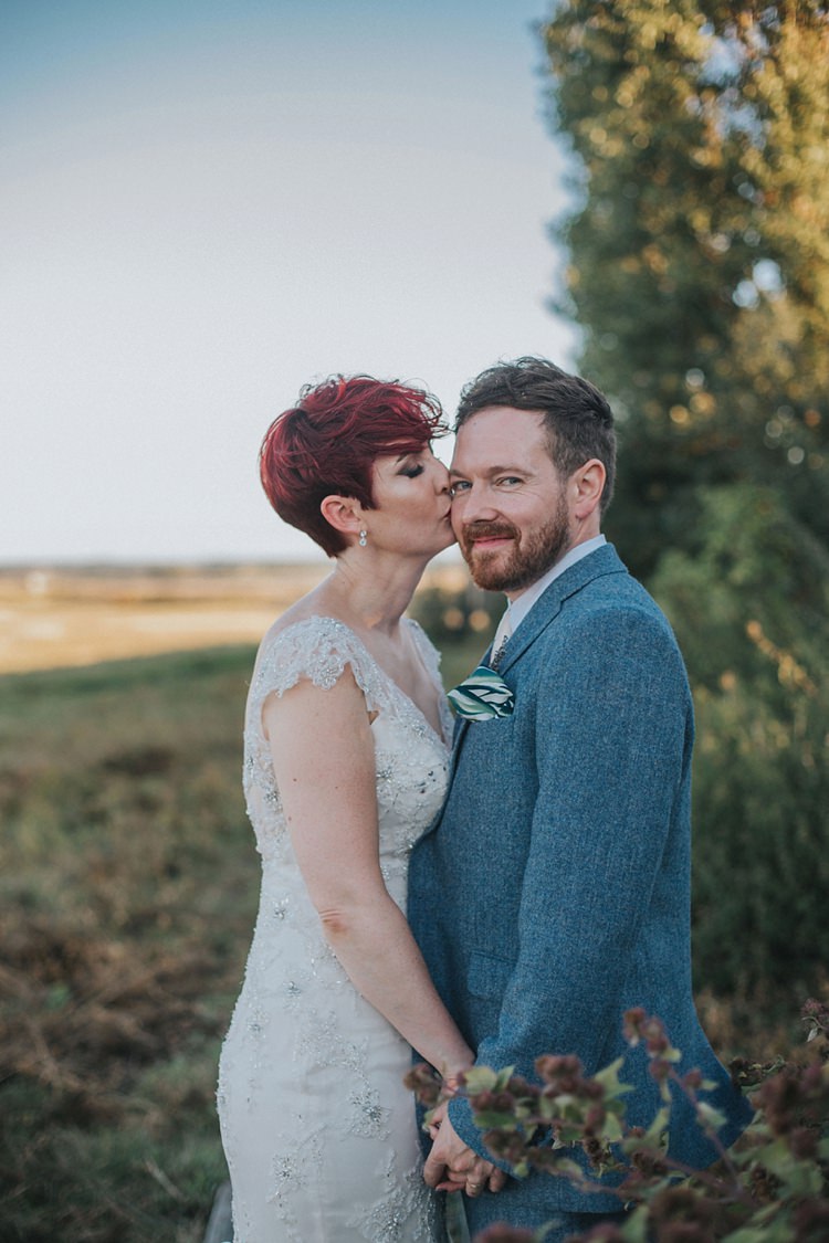 Bride Bridal Maggie Sottero Ivory over Gold V Neck Lace Groom Blue Suit Three Piece Waistcoat Bespoke Colourful Informal Wedding Victorian Fairground Games Elmley Nature Reserve Kent http://www.juliaandyou.com/