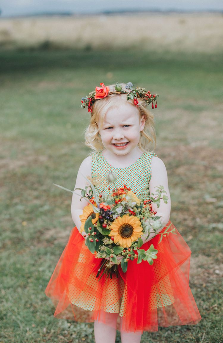 Flower Girl Green Pattern Flower Crown Red Tutu Bouquet Wildflower Colourful Informal Wedding Victorian Fairground Games Elmley Nature Reserve Kent http://www.juliaandyou.com/