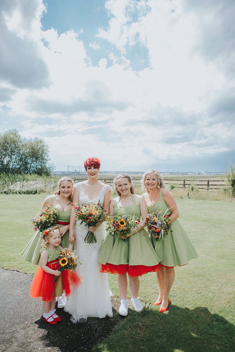 Bride Bridal Maggie Sottero Ivory over Gold V Neck Lace Bridesmaids Green 50s Tulle Halterneck Red Bouquets Colourful Informal Wedding Victorian Fairground Games Elmley Nature Reserve Kent http://www.juliaandyou.com/