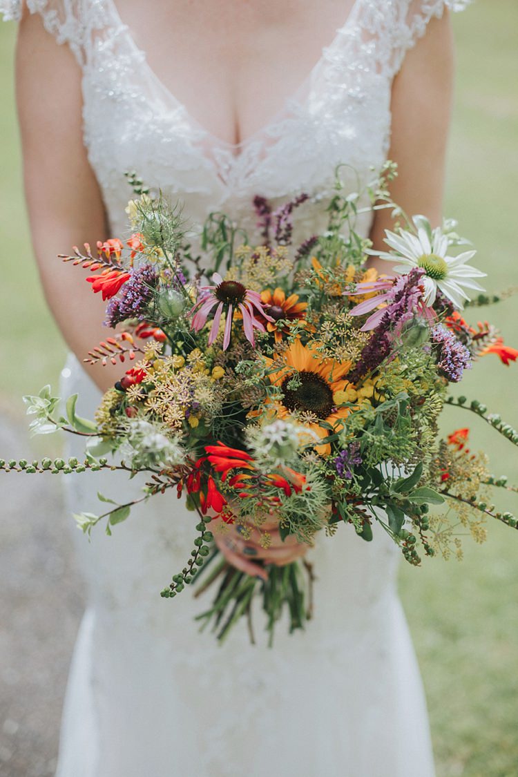 Bouquet Wildflower Sunflower Greenery Daisy Colourful Informal Wedding Victorian Fairground Games Elmley Nature Reserve Kent http://www.juliaandyou.com/