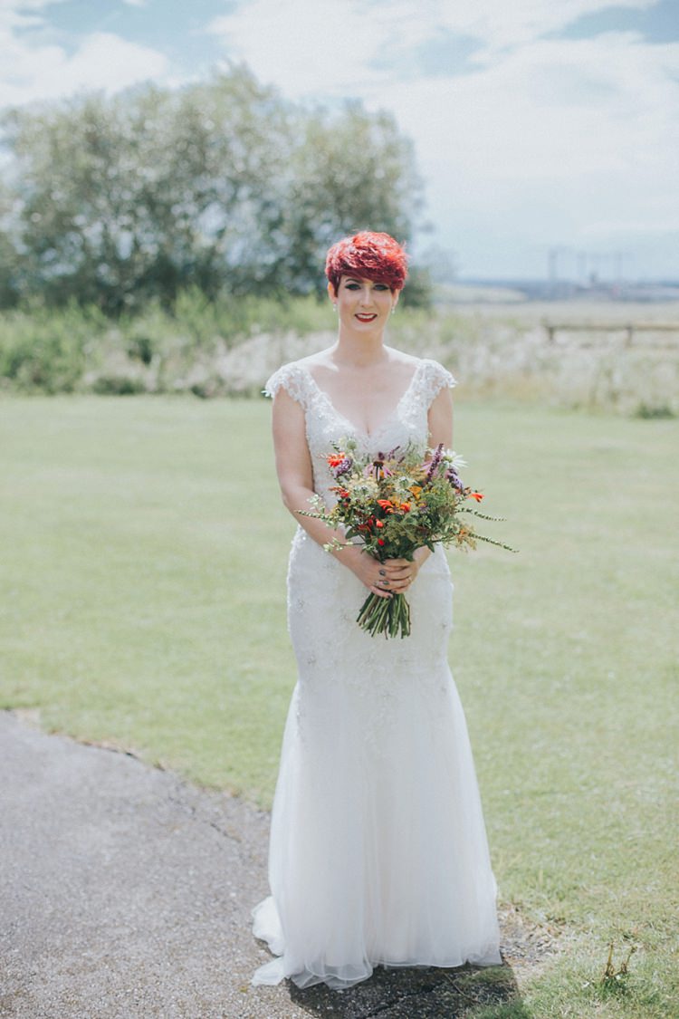 Bride Bridal Maggie Sottero Ivory over Gold V Neck Lace Bouquet Colourful Informal Wedding Victorian Fairground Games Elmley Nature Reserve Kent http://www.juliaandyou.com/