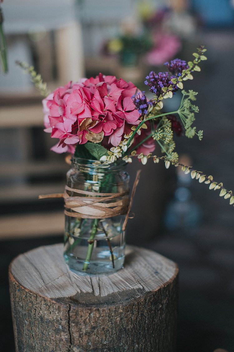 Jar Raffia Hydrangea Flowers Wood Slice Log Colourful Informal Wedding Victorian Fairground Games Elmley Nature Reserve Kent http://www.juliaandyou.com/