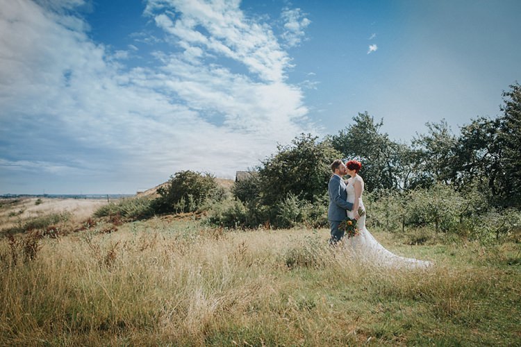 Bride Bridal Maggie Sottero Ivory over Gold V Neck Lace Groom Blue Suit Three Piece Waistcoat Bespoke Colourful Informal Wedding Victorian Fairground Games Elmley Nature Reserve Kent http://www.juliaandyou.com/