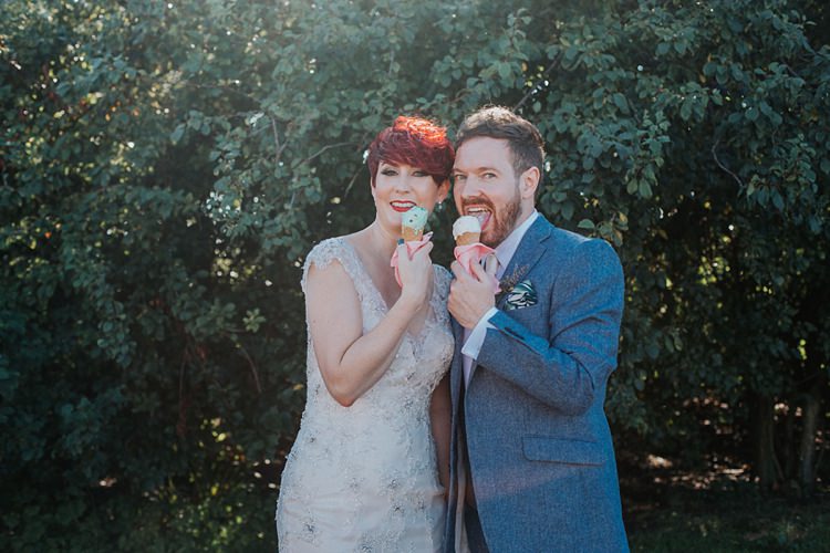 Bride Bridal Maggie Sottero Ivory over Gold V Neck Lace Groom Blue Suit Three Piece Waistcoat Bespoke Ice Cream Colourful Informal Wedding Victorian Fairground Games Elmley Nature Reserve Kent http://www.juliaandyou.com/