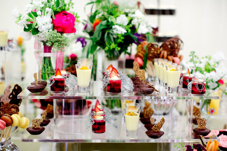 Dessert Table Treats Pudding Macarons Flowers Modern Simple Colourful Garden Wedding http://www.helencawte.com/