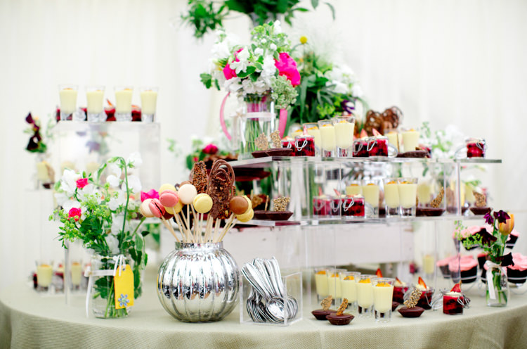Dessert Table Treats Pudding Macarons Flowers Modern Simple Colourful Garden Wedding http://www.helencawte.com/