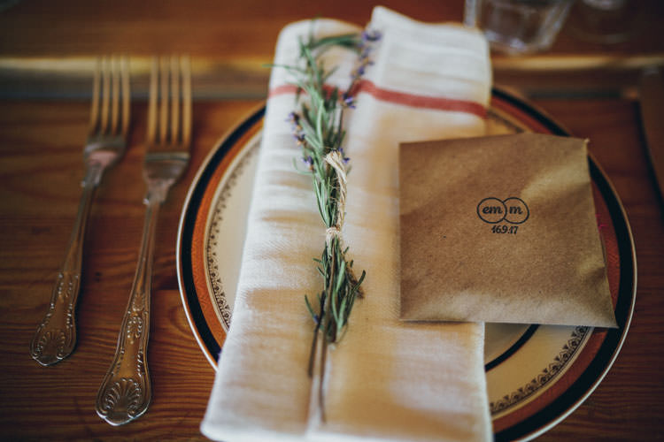 Place Setting Linen Napkin Rosemary Lavender Twine Rustic Favours Colourful Outdoor Tipi Wedding Tekels Park Surrey https://grahamnixon.com/