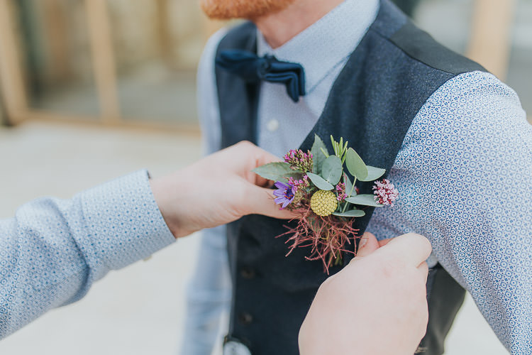 Buttonhole Groom Groomsmen Craspedia Eucalyptus Non-Traditional Country Party Barn Wedding Yorkshire http://www.lauracalderwood.co.uk/