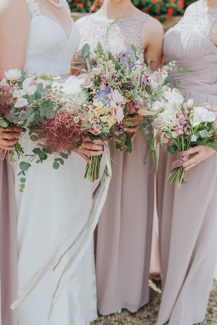 Bouquet Bride Bridal Pink Rose Nigella Stocks Flowers Pastel Ribbon Silk Bridesmaids Non-Traditional Country Party Barn Wedding Yorkshire http://www.lauracalderwood.co.uk/
