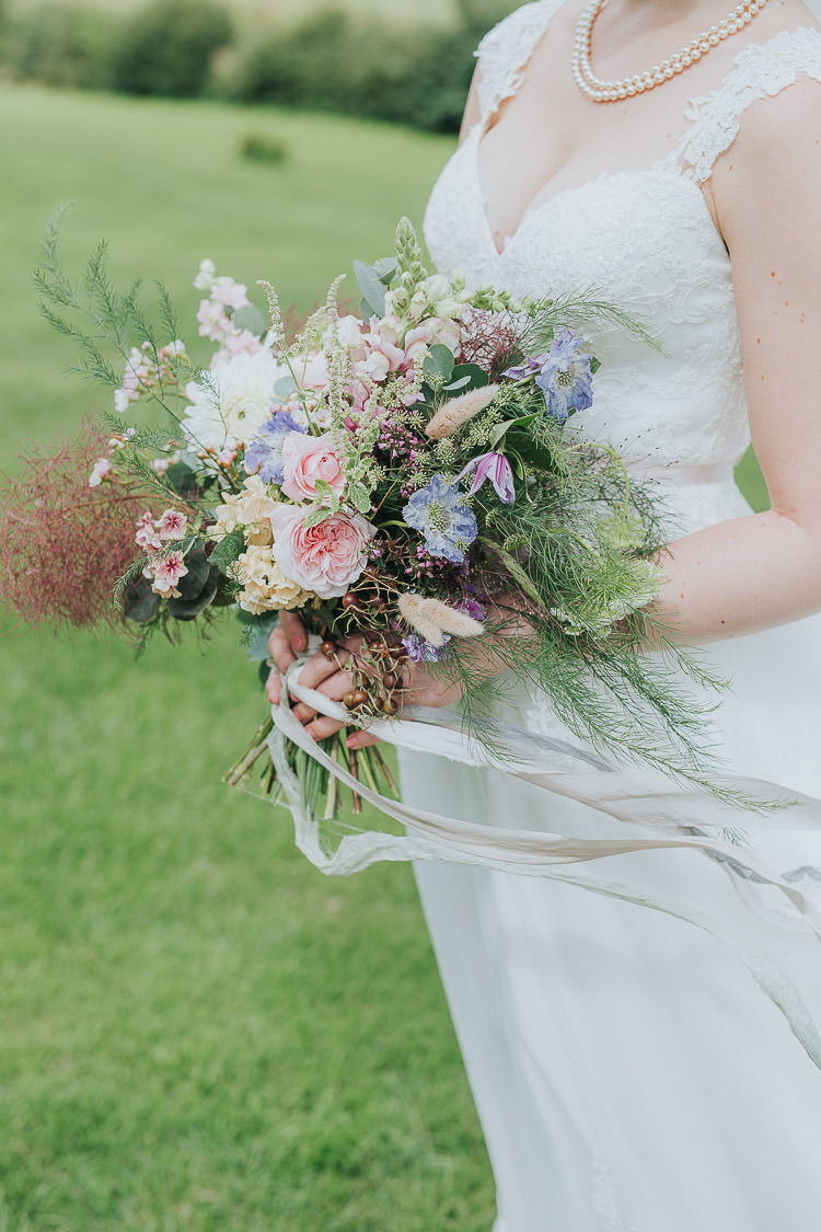 Bouquet Bride Bridal Pink Rose Nigella Stocks Flowers Pastel Ribbon Silk Non-Traditional Country Party Barn Wedding Yorkshire http://www.lauracalderwood.co.uk/