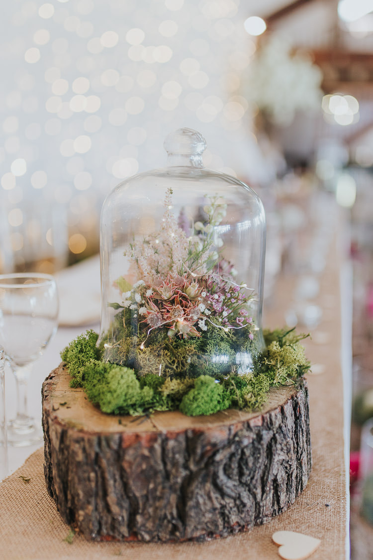 Terrerium Bell Jar Flowers Log Stump Centrepiece Non-Traditional Country Party Barn Wedding Yorkshire http://www.lauracalderwood.co.uk/
