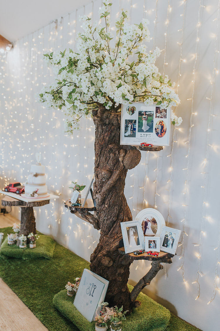 Fairy Lights Curtain Decor Family Tree Photos Non-Traditional Country Party Barn Wedding Yorkshire http://www.lauracalderwood.co.uk/