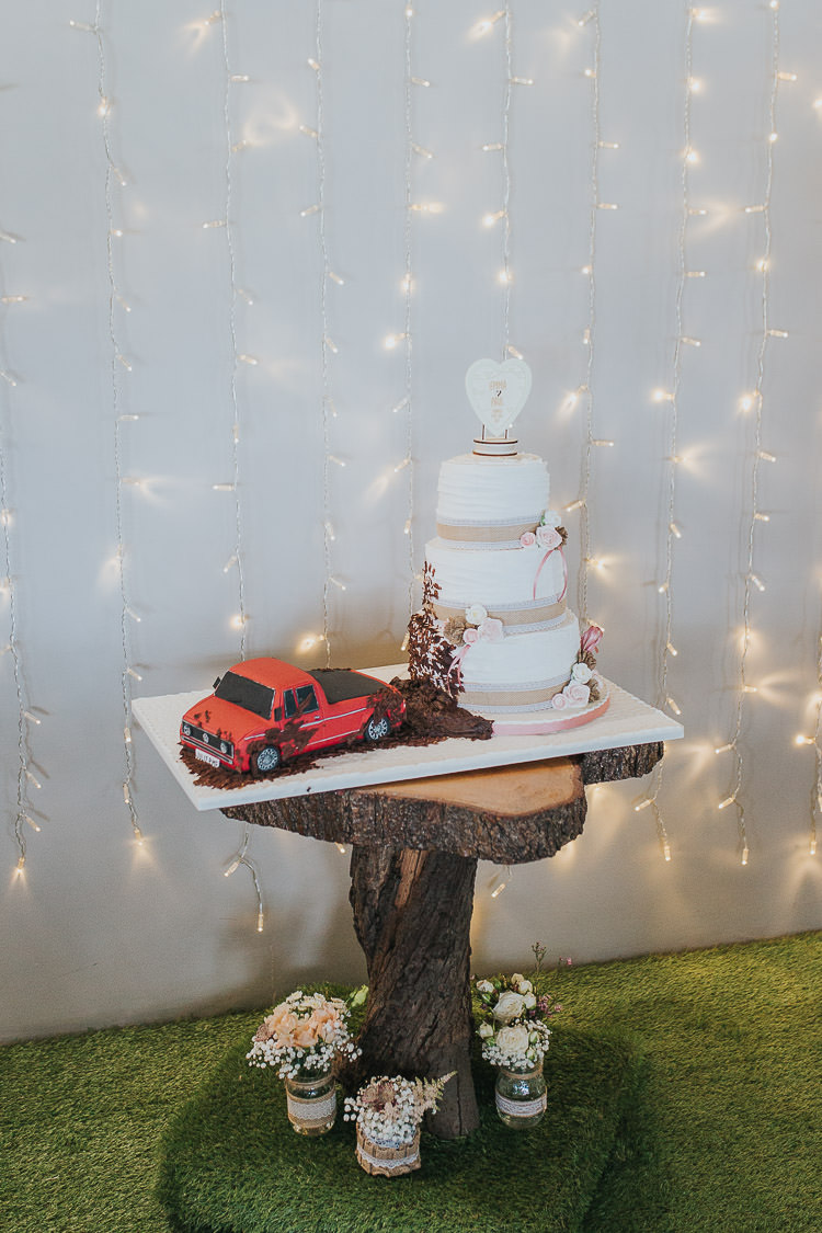 Fairy Lights Curtain Decor Cake Car Log Stump Non-Traditional Country Party Barn Wedding Yorkshire http://www.lauracalderwood.co.uk/