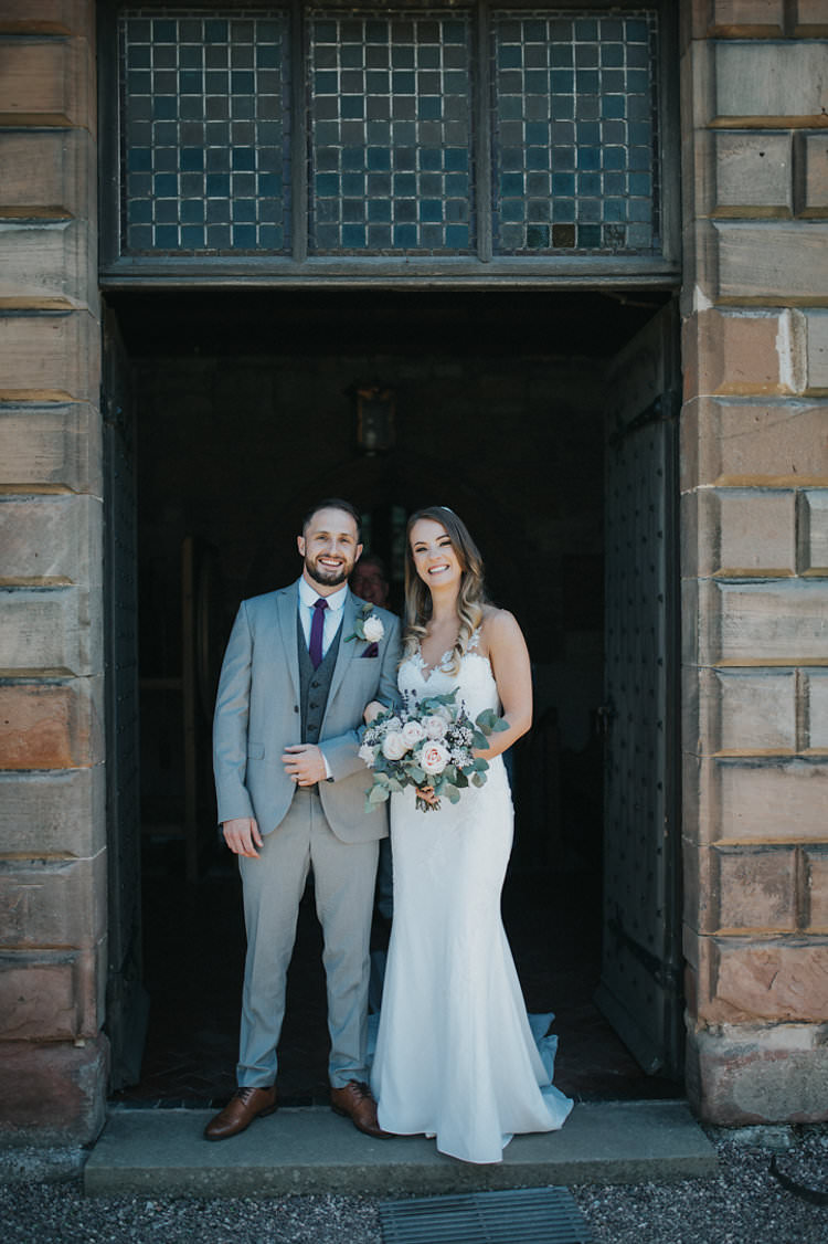 Bride Bridal Pronovias Sleeveless Dress Gown Veil Bouquet Eucalyptus Pink Rose Groom Grey Three Piece Suit Waistcoat Burgundy Tie Stylish Homemade Country Summer Marquee Wedding Millers of Netley Shropshire http://www.joboultonphotography.com/