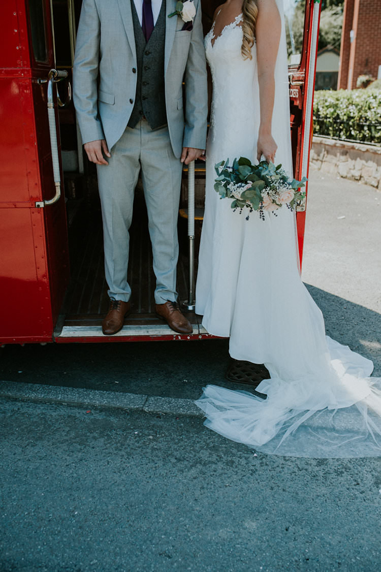 Bride Bridal Pronovias Sleeveless Dress Gown Veil Bouquet Eucalyptus Pink Rose Groom Grey Three Piece Suit Waistcoat Burgundy Tie Transport Red Bus Stylish Homemade Country Summer Marquee Wedding Millers of Netley Shropshire http://www.joboultonphotography.com/