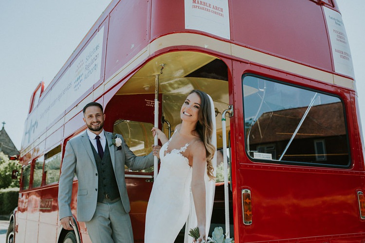 Bride Bridal Pronovias Sleeveless Dress Gown Veil Bouquet Eucalyptus Pink Rose Groom Grey Three Piece Suit Waistcoat Burgundy Tie Transport Red Bus Double Decker Stylish Homemade Country Summer Marquee Wedding Millers of Netley Shropshire http://www.joboultonphotography.com/