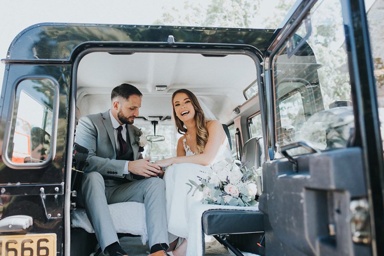 Bride Bridal Pronovias Sleeveless Dress Gown Veil Bouquet Eucalyptus Pink Rose Groom Grey Three Piece Suit Waistcoat Burgundy Tie Transport Land Rover Stylish Homemade Country Summer Marquee Wedding Millers of Netley Shropshire http://www.joboultonphotography.com/
