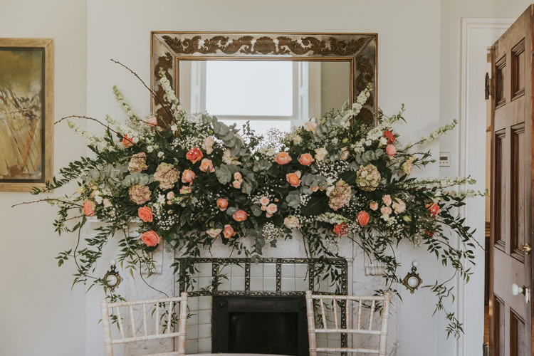 Flowers Peach Greenery Foliage Large Arrangement Rose Alternative Vintage 1950s Knighton House Wedding Dorset http://www.paulunderhill.com/