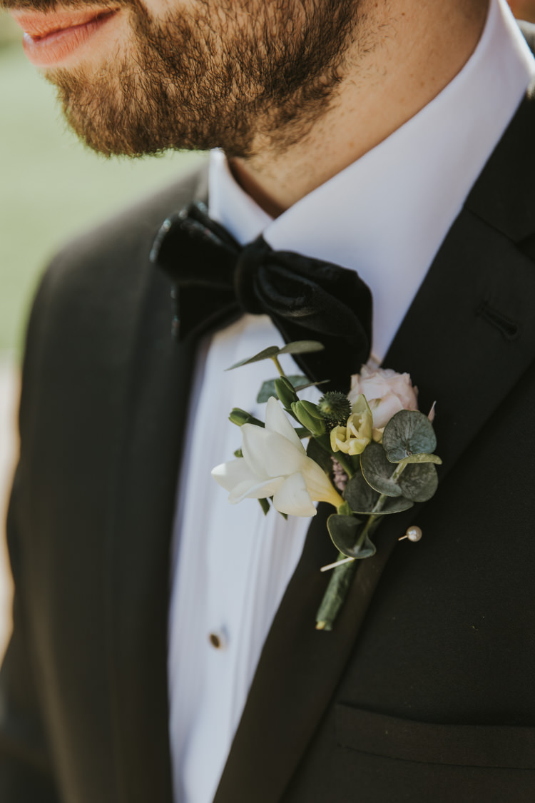 Buttonhole Black Suits Bow Ties Velvet Tuxedos Groom Alternative Vintage 1950s Knighton House Wedding Dorset http://www.paulunderhill.com/