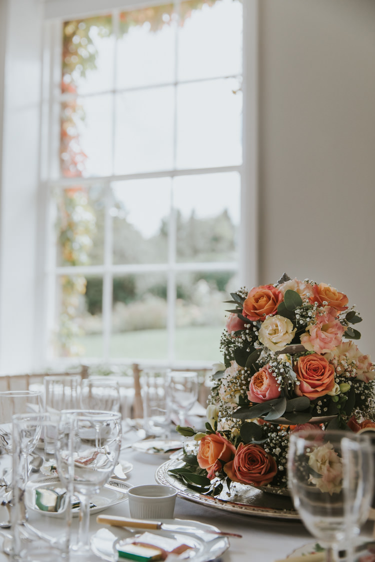 Centrepiece Silver Tray Roses Coral Alternative Vintage 1950s Knighton House Wedding Dorset http://www.paulunderhill.com/