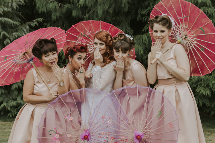 Bridesmaids Dresses Prom Hair Style Bouquets Ribbons Pink Parasols Alternative Vintage 1950s Knighton House Wedding Dorset http://www.paulunderhill.com/