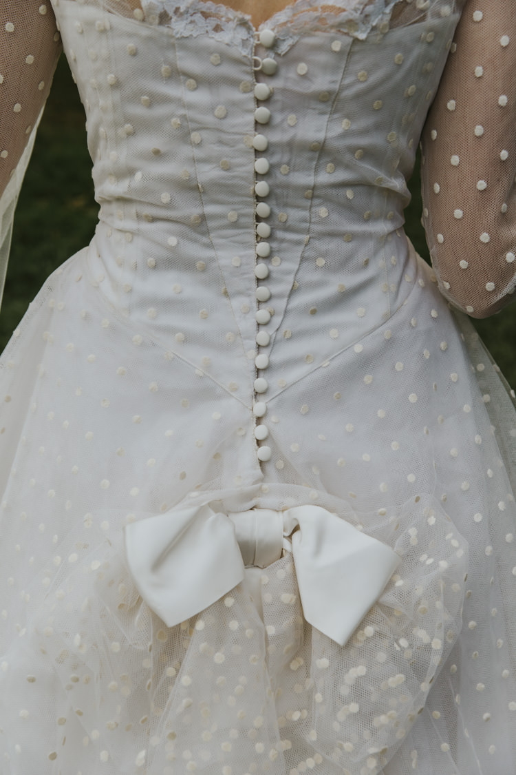 Bride Bridal Dress Gown Polka Dot Tulle Veil Sleeves Buttons Bow Back Alternative Vintage 1950s Knighton House Wedding Dorset http://www.paulunderhill.com/