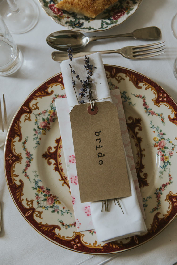 Place Setting Luggage Tag Lavender China Alternative Vintage 1950s Knighton House Wedding Dorset http://www.paulunderhill.com/