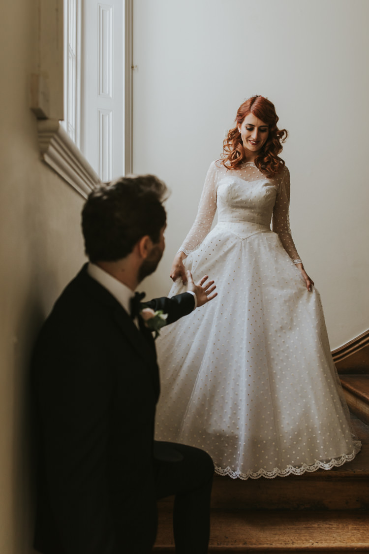 Bride Bridal Dress Gown Polka Dot Tulle Veil Sleeves Alternative Vintage 1950s Knighton House Wedding Dorset http://www.paulunderhill.com/