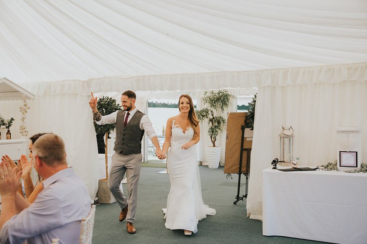 Bride Bridal Pronovias Sleeveless Dress Gown Grey Three Piece Suit Waistcoat Burgundy Tie Stylish Homemade Country Summer Marquee Wedding Millers of Netley Shropshire http://www.joboultonphotography.com/