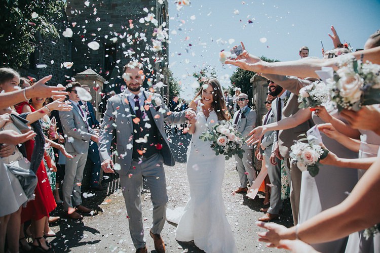 Bride Bridal Pronovias Sleeveless Dress Gown Veil Bouquet Eucalyptus Pink Rose Groom Grey Three Piece Suit Waistcoat Burgundy Tie Confetti Stylish Homemade Country Summer Marquee Wedding Millers of Netley Shropshire http://www.joboultonphotography.com/