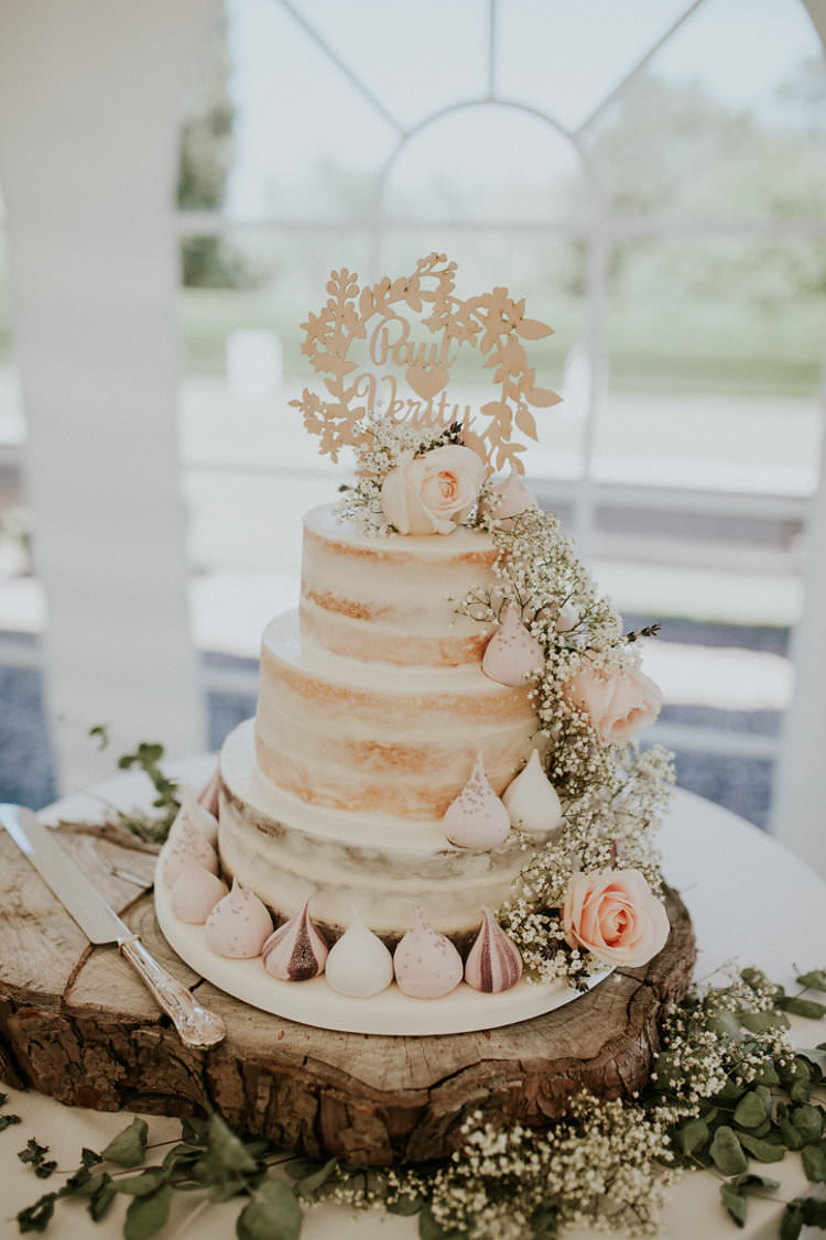 Semi Naked Buttercream Cake Rose Pink Peach Wood Slice Log Gypsophila Meringue Kiss Wood Laser Cut Topper Stylish Homemade Country Summer Marquee Wedding Millers of Netley Shropshire http://www.joboultonphotography.com/