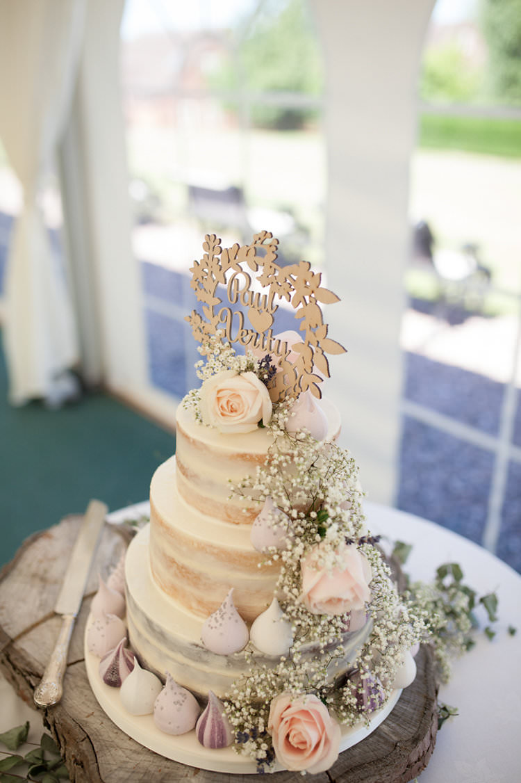 Cake Wood Slice Wooden Laser Cut Topper Rose Pink Gypsophila Semi Naked Buttercream Meringue Kiss Stylish Homemade Country Summer Marquee Wedding Millers of Netley Shropshire http://www.joboultonphotography.com/
