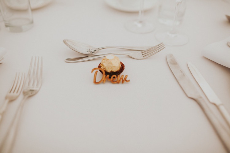 Laser Cut Place Name Card Ferrero Rocher Stylish Homemade Country Summer Marquee Wedding Millers of Netley Shropshire http://www.joboultonphotography.com/
