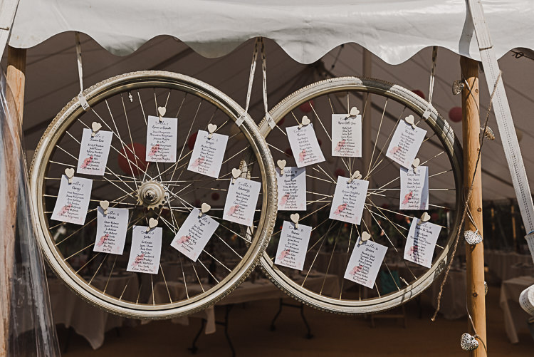 Bike Bicycle Tyres Table Plan Pegs Magical Marquee Summer Alveston Pastures Farm Wedding https://willpatrickweddings.com/