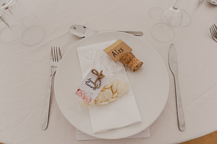 Table Setting Champagne Cork Place Card Favours Groom's Favourite Magical Marquee Summer Alveston Pastures Farm Wedding https://willpatrickweddings.com/