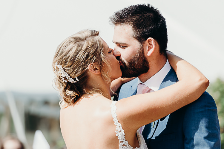 Bride Bridal Sleeveless Backless Dress V Neck Blue Suit Groom Pink Tie Magical Marquee Summer Alveston Pastures Farm Wedding https://willpatrickweddings.com/