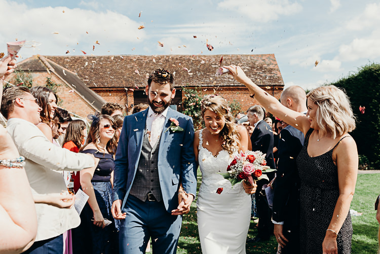 Bride Bridal Sleeveless Backless Dress V Neck Blue Suit Groom Pink Tie Grey Waistcoat Three Piece Confetti Magical Marquee Summer Alveston Pastures Farm Wedding https://willpatrickweddings.com/