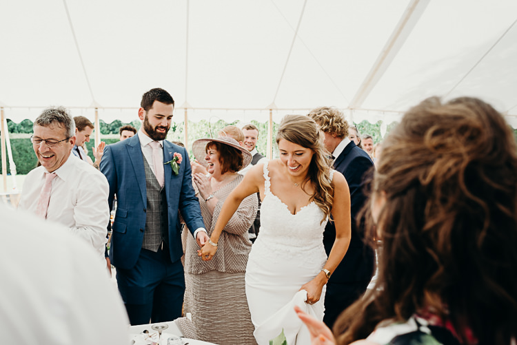 Bride Bridal Sleeveless Backless Dress V Neck Blue Suit Groom Pink Tie Grey Waistcoat Three Piece Magical Marquee Summer Alveston Pastures Farm Wedding https://willpatrickweddings.com/