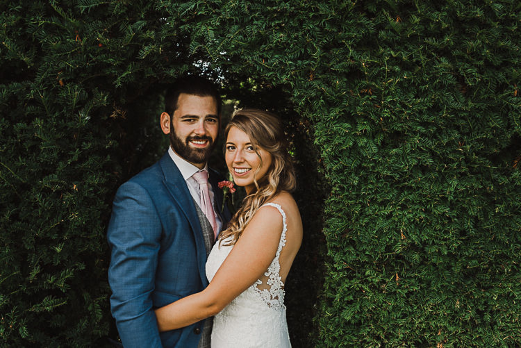 Bride Bridal Sleeveless Backless Dress V Neck Blue Suit Groom Pink Tie Grey Waistcoat Three Piece Magical Marquee Summer Alveston Pastures Farm Wedding https://willpatrickweddings.com/