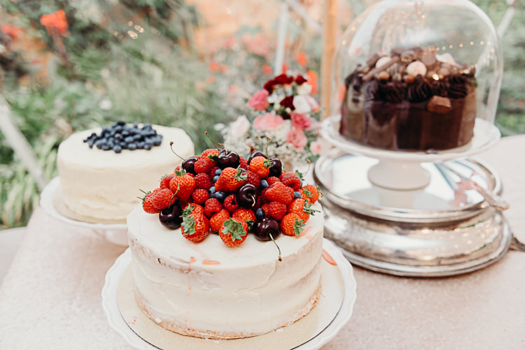 Cake Table Fresh Fruit Cloche Buttercream Magical Marquee Summer Alveston Pastures Farm Wedding https://willpatrickweddings.com/