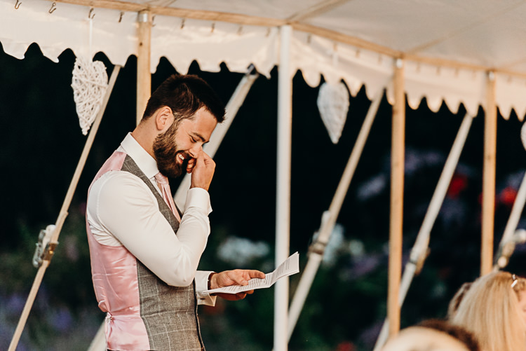 Speech Groom Pink Tie Grey Waistcoat Magical Marquee Summer Alveston Pastures Farm Wedding https://willpatrickweddings.com/
